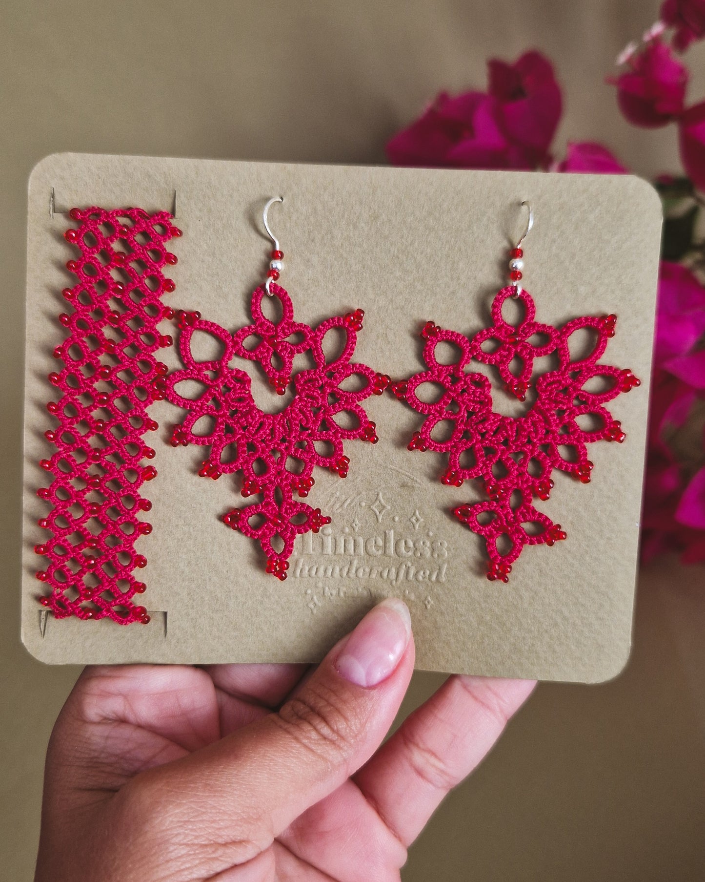 Aphrodite Red – Tatting Earrings and Bracelet Set